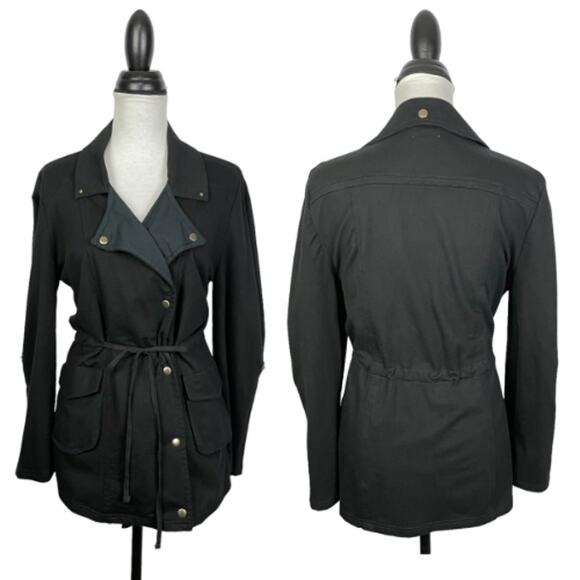 Kyla Seo | Black Cinch Waist Roll Tab Long Sleeve Snap Button Casual Jacket - Picture 1 of 10